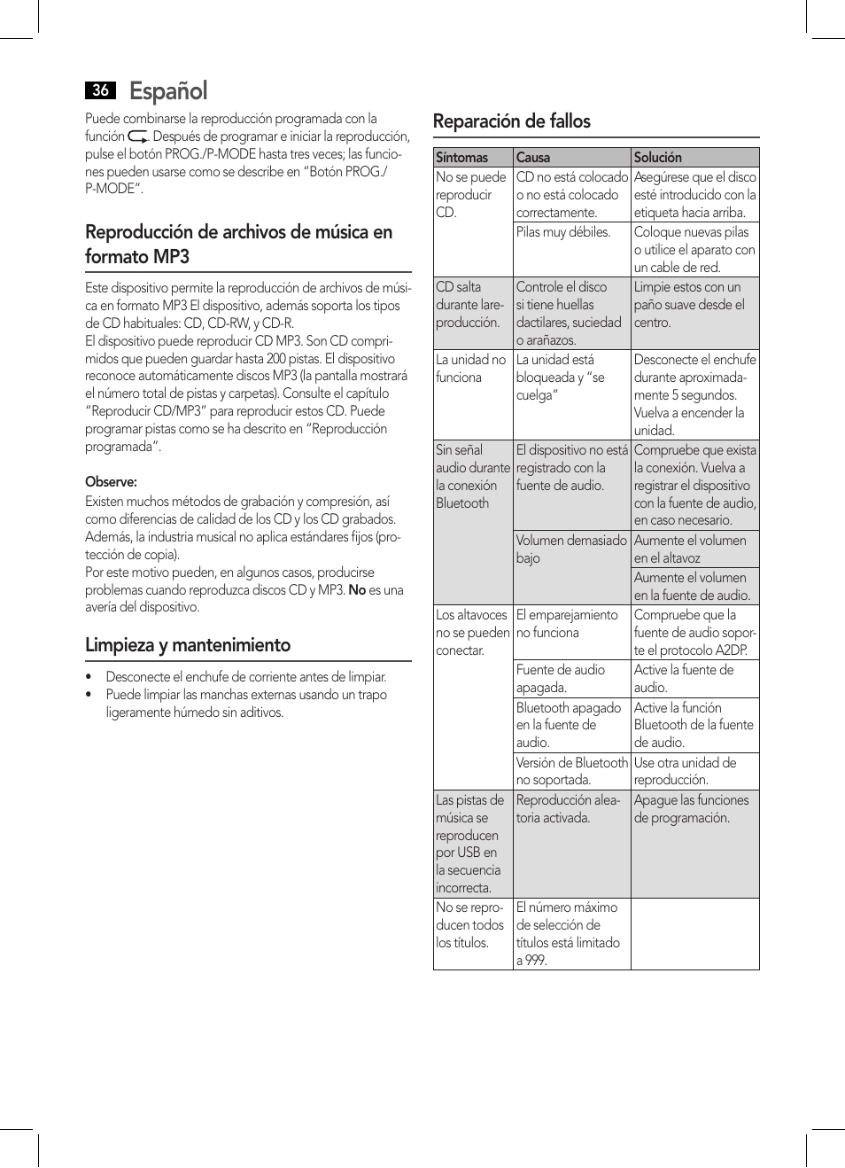 Español, Reproducción de archivos de música en formato mp3, Limpieza y mantenimiento | Reparación de fallos | AEG SRP 4354 BT User Manual | Page 36 / 86