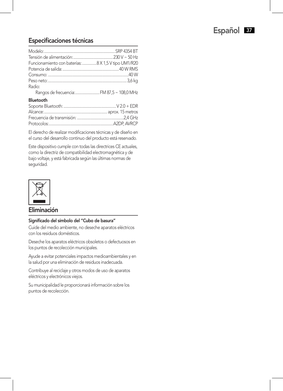 Español | AEG SRP 4354 BT User Manual | Page 37 / 86