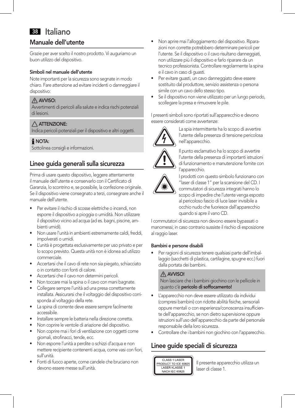 Italiano, Manuale dell’utente, Linee guida generali sulla sicurezza | Linee guide speciali di sicurezza | AEG SRP 4354 BT User Manual | Page 38 / 86