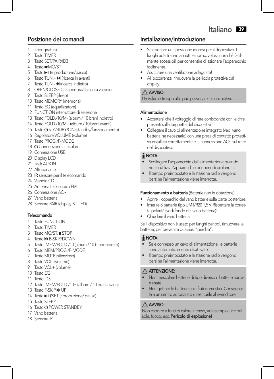 Italiano, Posizione dei comandi, Installazione/introduzione | AEG SRP 4354 BT User Manual | Page 39 / 86