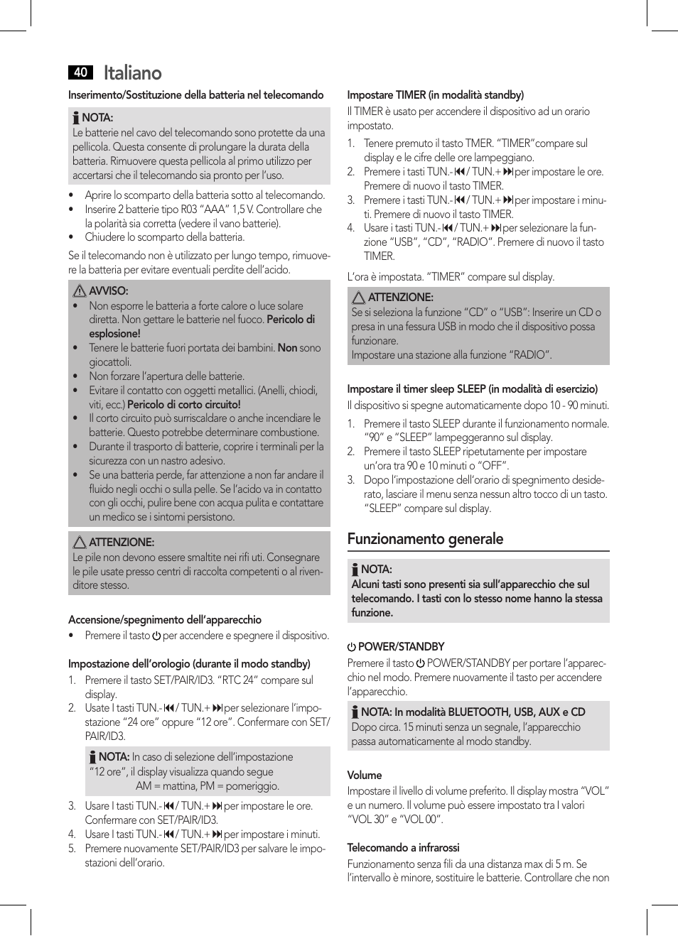 Italiano, Funzionamento generale | AEG SRP 4354 BT User Manual | Page 40 / 86