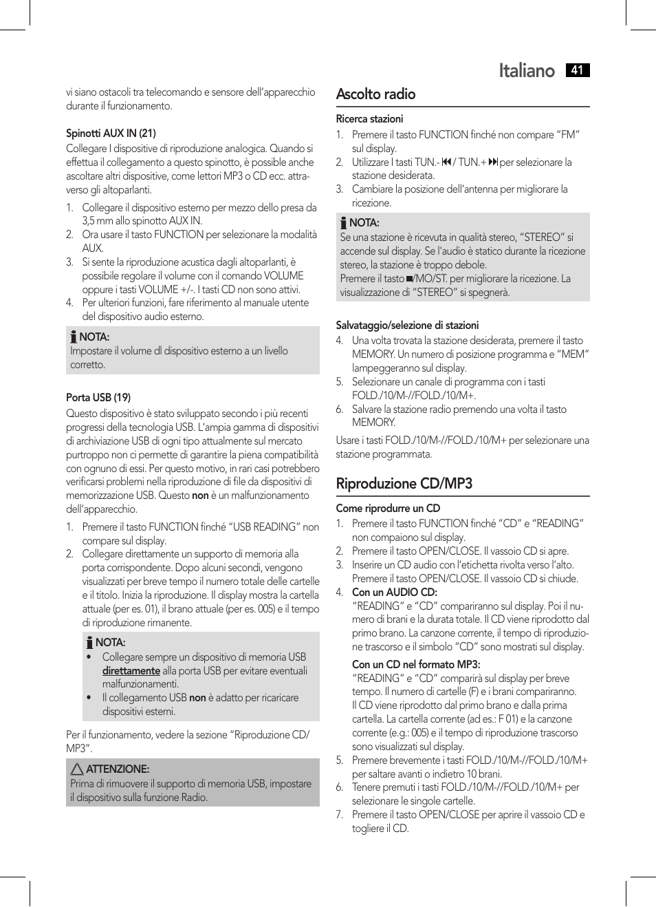Italiano, Ascolto radio, Riproduzione cd/mp3 | AEG SRP 4354 BT User Manual | Page 41 / 86