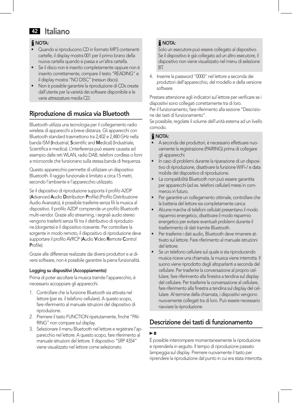 Italiano, Riproduzione di musica via bluetooth, Descrizione dei tasti di funzionamento | AEG SRP 4354 BT User Manual | Page 42 / 86