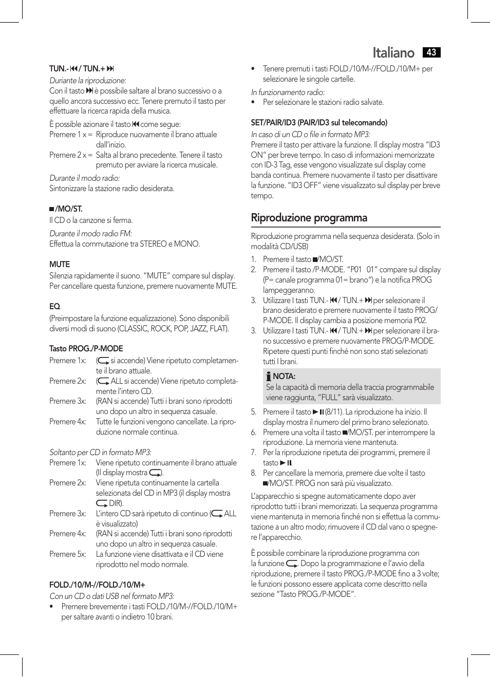 Italiano, Riproduzione programma | AEG SRP 4354 BT User Manual | Page 43 / 86