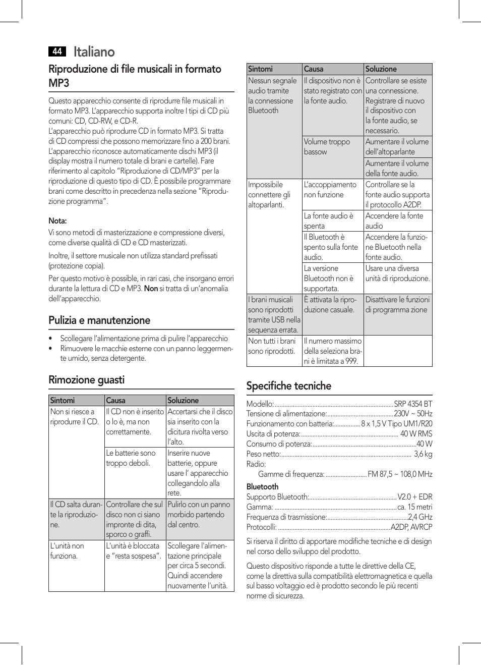 Italiano, Riproduzione di file musicali in formato mp3, Pulizia e manutenzione | Rimozione guasti, Specifiche tecniche | AEG SRP 4354 BT User Manual | Page 44 / 86