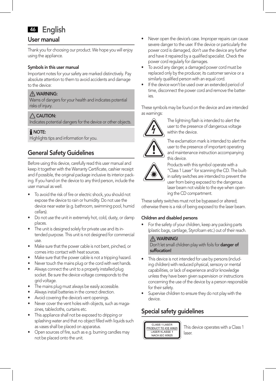 English, User manual, General safety guidelines | Special safety guidelines | AEG SRP 4354 BT User Manual | Page 46 / 86