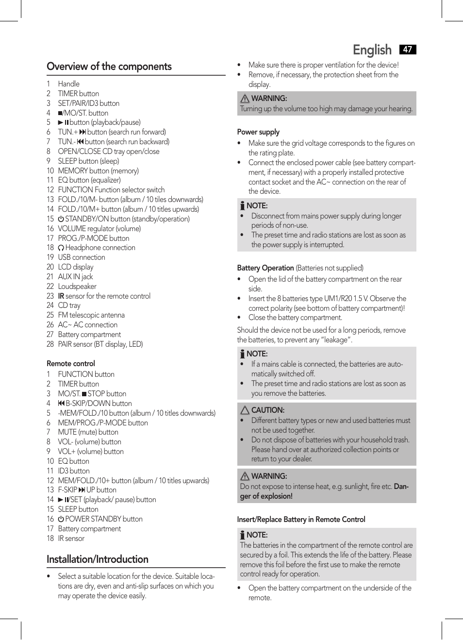 English, Overview of the components, Installation/introduction | AEG SRP 4354 BT User Manual | Page 47 / 86