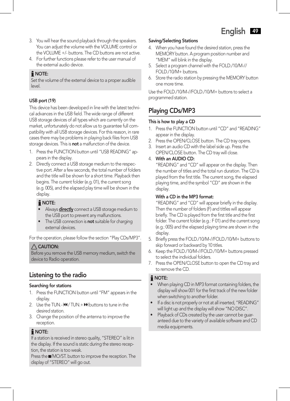 English, Listening to the radio, Playing cds/mp3 | AEG SRP 4354 BT User Manual | Page 49 / 86