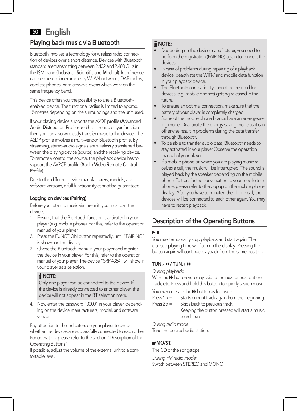 English, Playing back music via bluetooth, Description of the operating buttons | AEG SRP 4354 BT User Manual | Page 50 / 86
