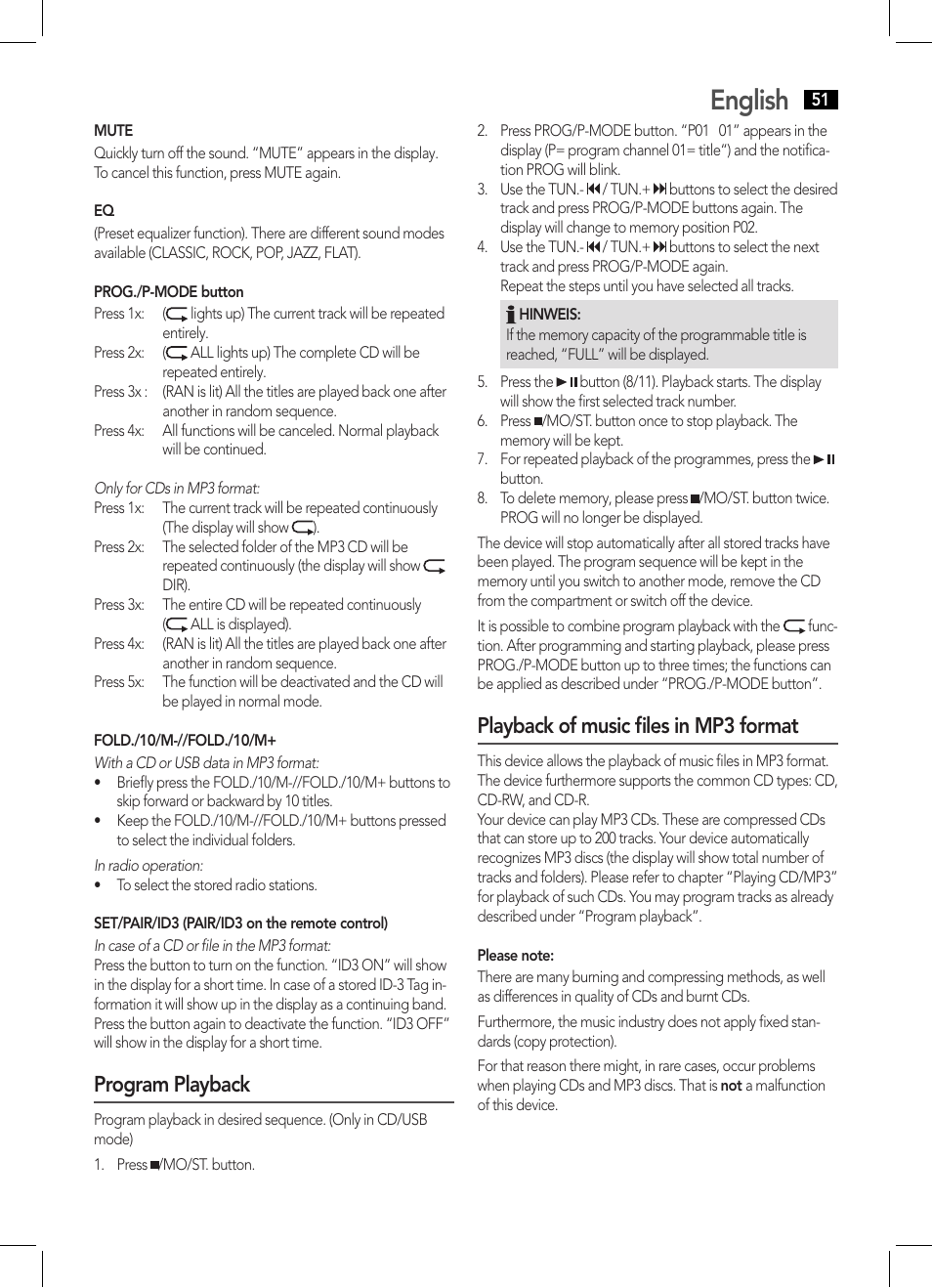 English, Program playback, Playback of music files in mp3 format | AEG SRP 4354 BT User Manual | Page 51 / 86