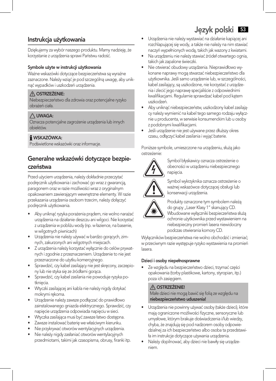 Język polski, Instrukcja użytkowania, Generalne wskazówki dotyczące bezpie- czeństwa | AEG SRP 4354 BT User Manual | Page 53 / 86