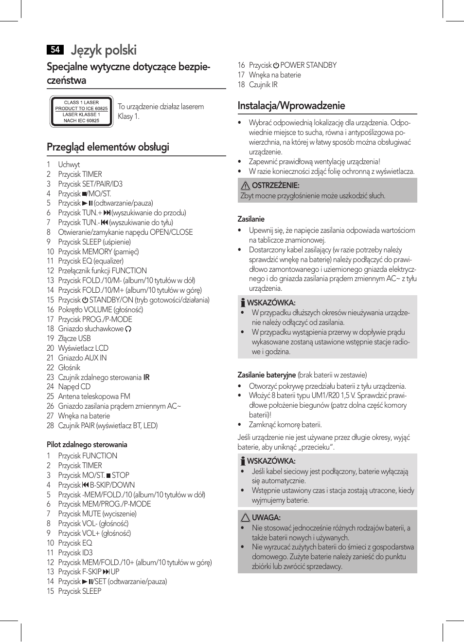 Język polski, Specjalne wytyczne dotyczące bezpie- czeństwa, Przegląd elementów obsługi | Instalacja/wprowadzenie | AEG SRP 4354 BT User Manual | Page 54 / 86