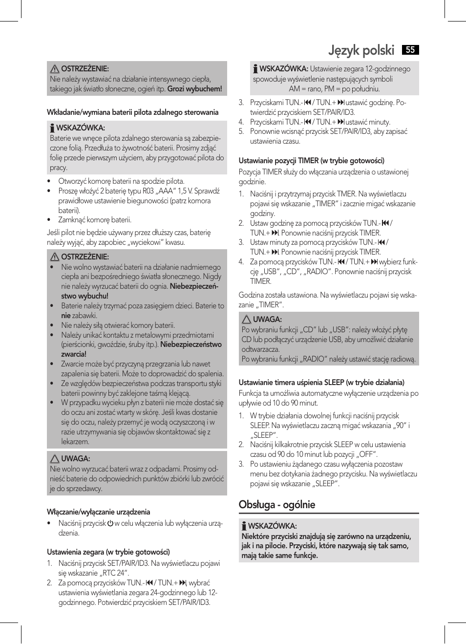 Język polski, Obsługa - ogólnie | AEG SRP 4354 BT User Manual | Page 55 / 86