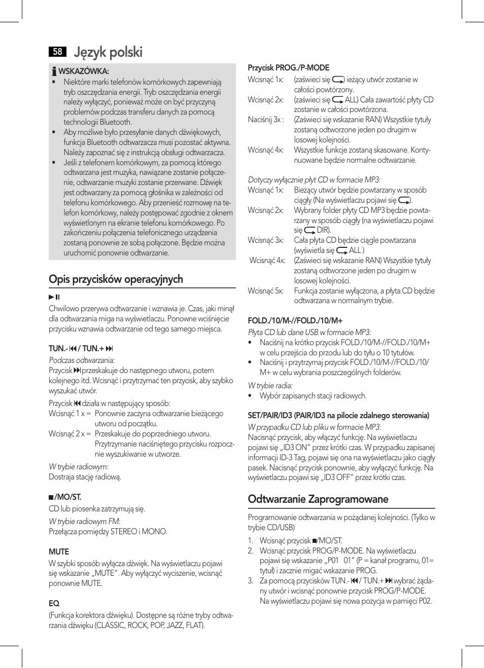 Język polski, Opis przycisków operacyjnych, Odtwarzanie zaprogramowane | AEG SRP 4354 BT User Manual | Page 58 / 86