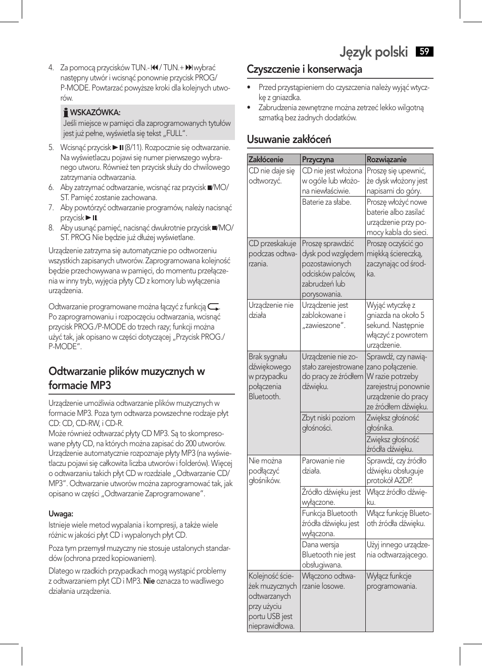 Język polski, Odtwarzanie plików muzycznych w formacie mp3, Czyszczenie i konserwacja | Usuwanie zakłóceń | AEG SRP 4354 BT User Manual | Page 59 / 86