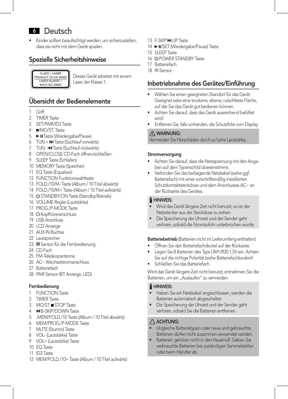 Deutsch, Spezielle sicherheitshinweise, Übersicht der bedienelemente | Inbetriebnahme des gerätes/einführung | AEG SRP 4354 BT User Manual | Page 6 / 86
