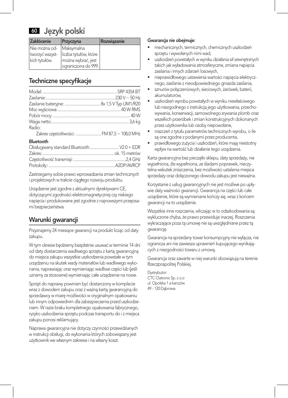 Język polski, Techniczne specyfikacje, Warunki gwarancji | AEG SRP 4354 BT User Manual | Page 60 / 86