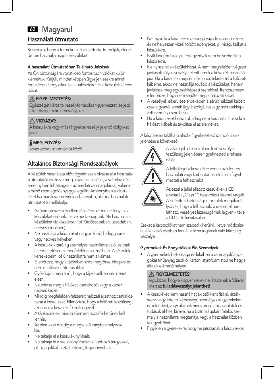 Magyarul, Használati útmutató, Általános biztonsági rendszabályok | AEG SRP 4354 BT User Manual | Page 62 / 86