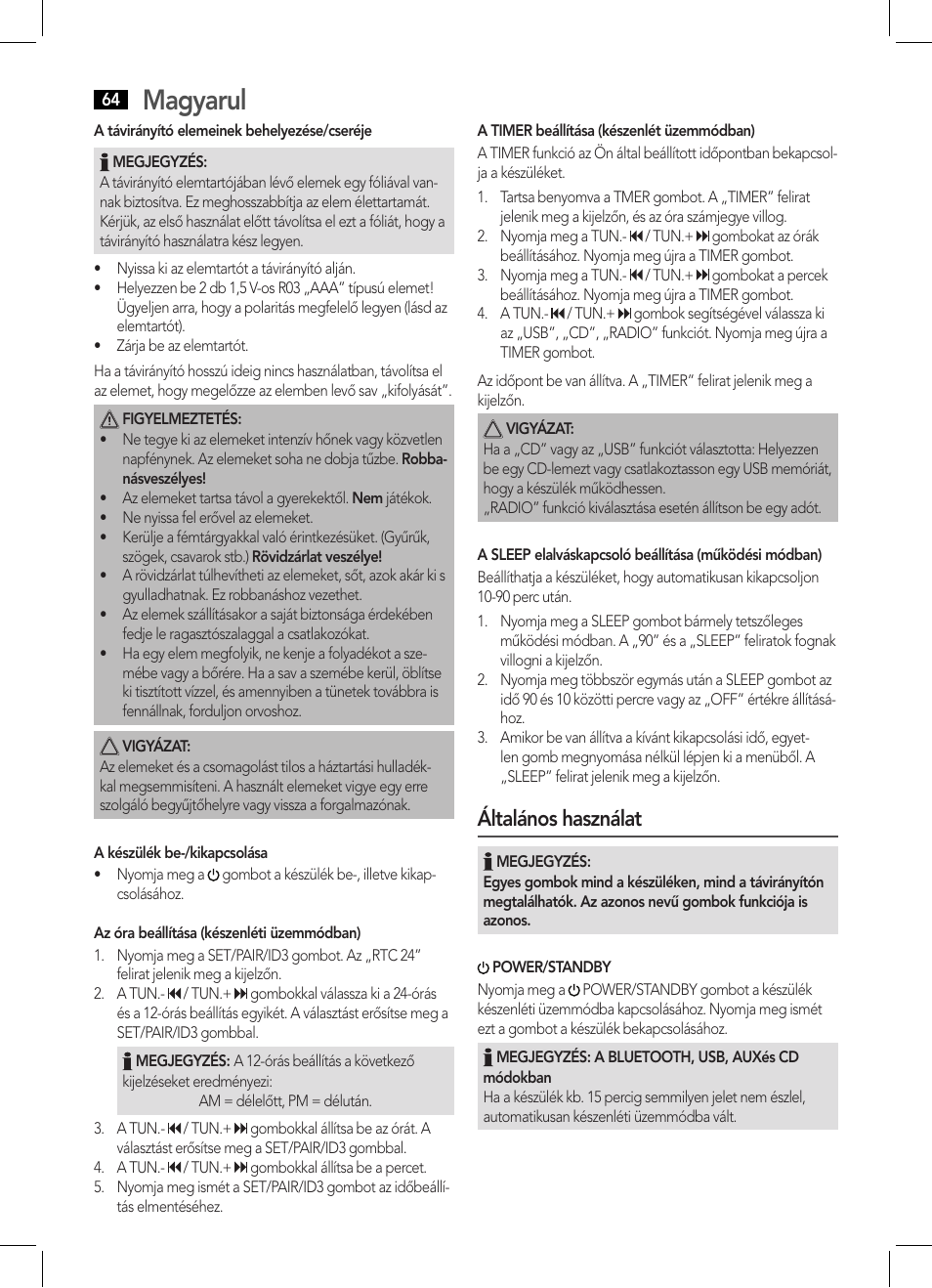 Magyarul, Általános használat | AEG SRP 4354 BT User Manual | Page 64 / 86