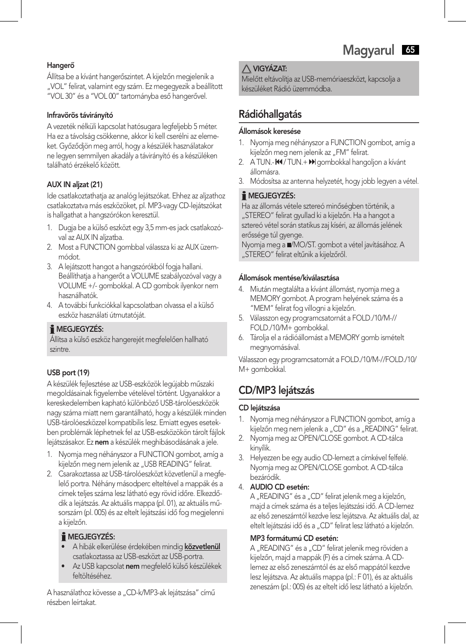 Magyarul, Rádióhallgatás, Cd/mp3 lejátszás | AEG SRP 4354 BT User Manual | Page 65 / 86