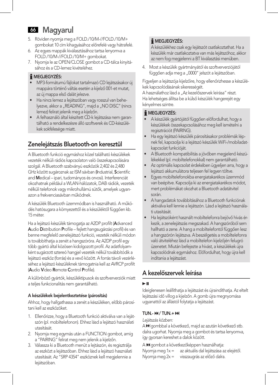 Magyarul, Zenelejátszás bluetooth-on keresztül, A kezelőszervek leírása | AEG SRP 4354 BT User Manual | Page 66 / 86