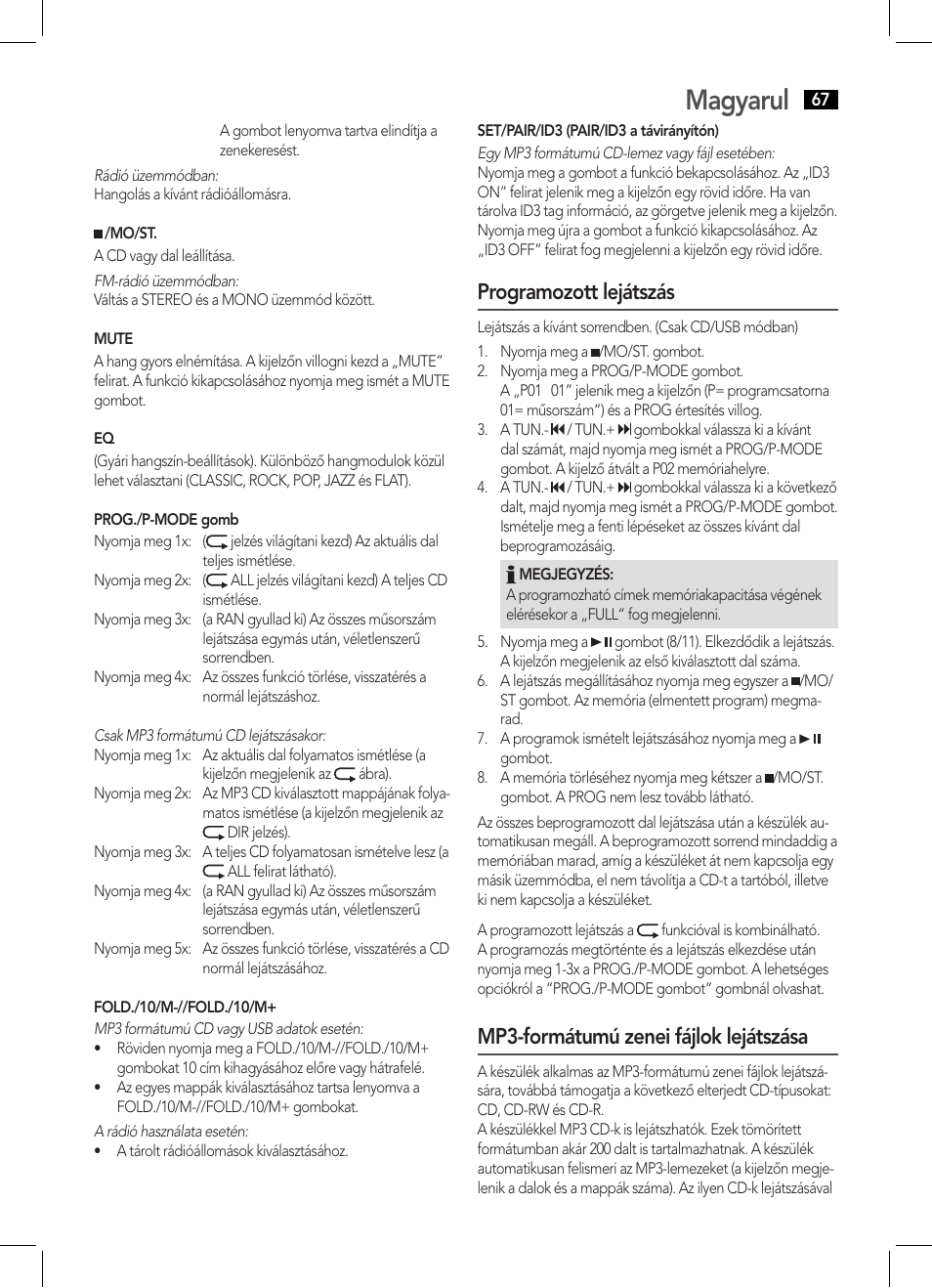 Magyarul, Programozott lejátszás, Mp3-formátumú zenei fájlok lejátszása | AEG SRP 4354 BT User Manual | Page 67 / 86
