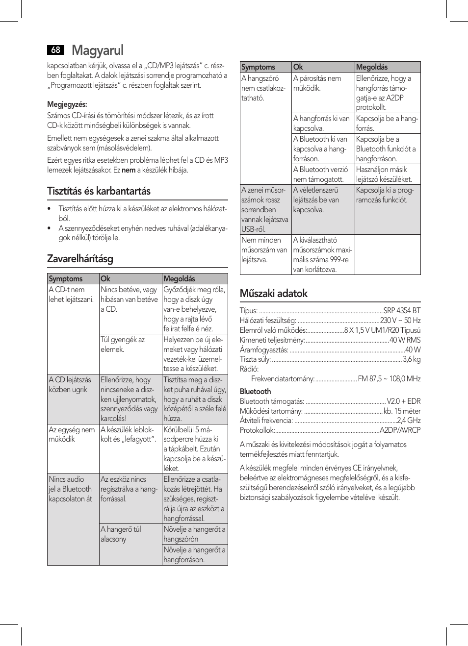 Magyarul, Tisztítás és karbantartás, Zavarelhárításg | Műszaki adatok | AEG SRP 4354 BT User Manual | Page 68 / 86