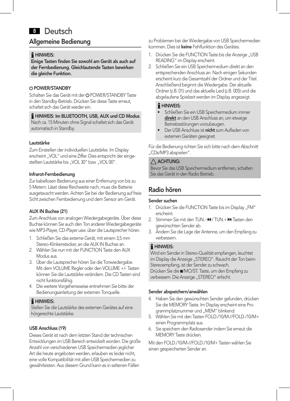 Deutsch, Allgemeine bedienung, Radio hören | AEG SRP 4354 BT User Manual | Page 8 / 86