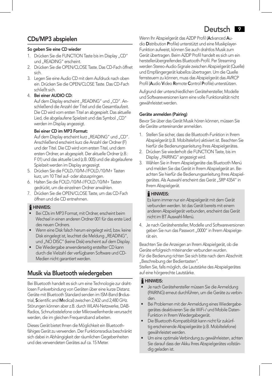 Deutsch, Cds/mp3 abspielen, Musik via bluetooth wiedergeben | AEG SRP 4354 BT User Manual | Page 9 / 86