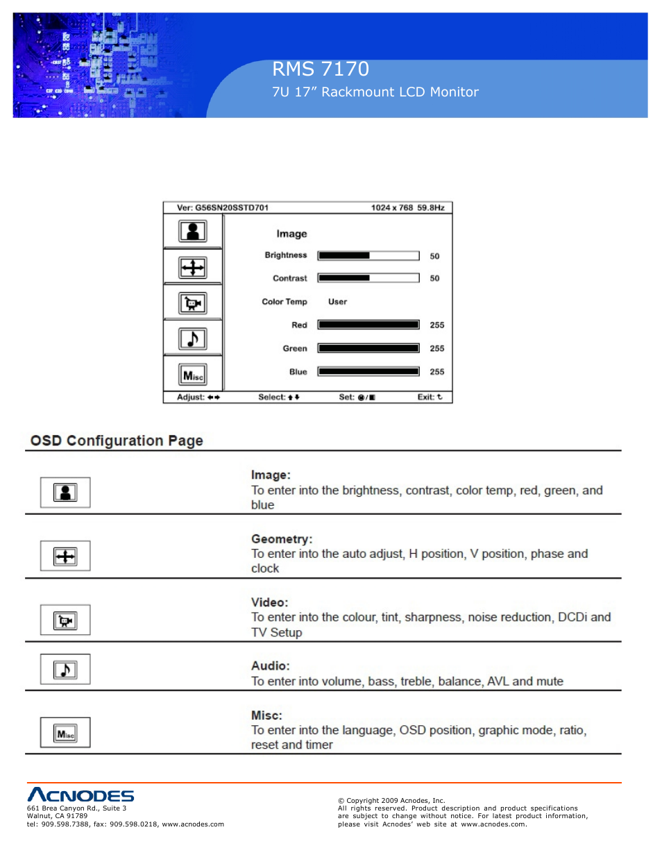 Rms 7170, 2 on-screen menu, 7u 17” rackmount lcd monitor | Acnodes RMS 7170 User Manual | Page 12 / 20