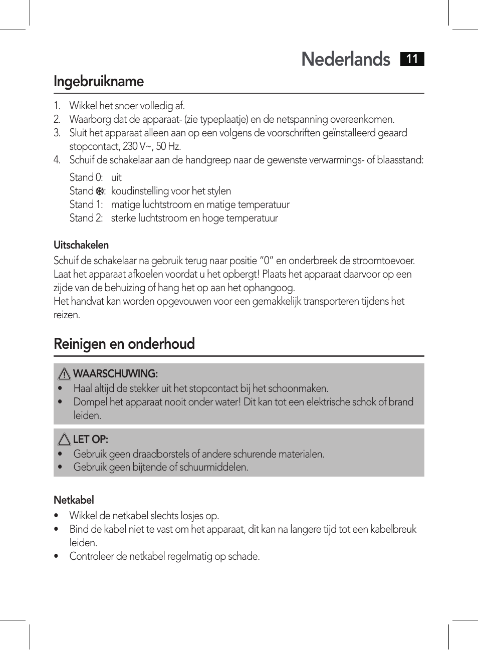 Nederlands, Ingebruikname, Reinigen en onderhoud | AEG HT 5578 User Manual | Page 11 / 52