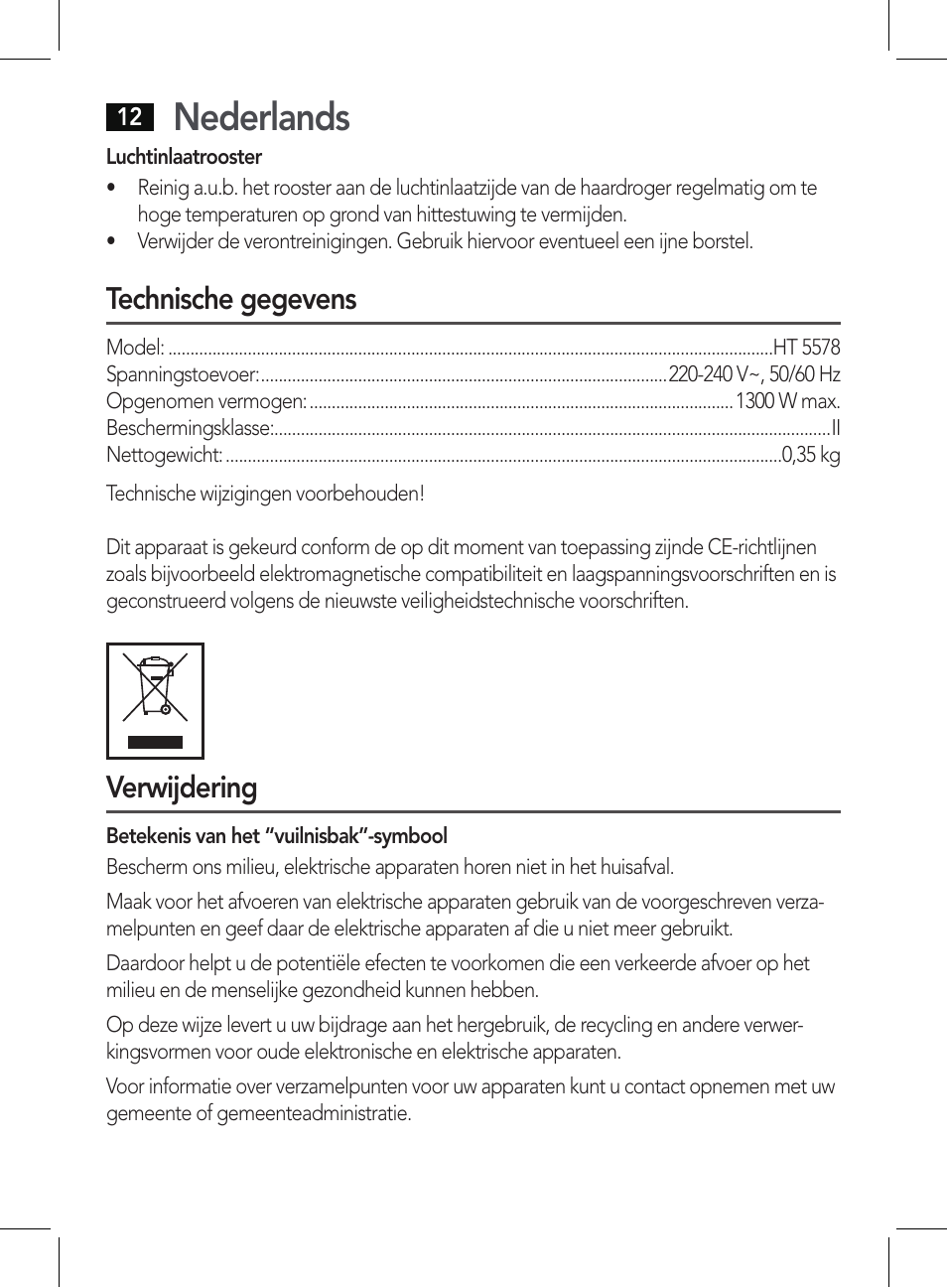 Nederlands, Technische gegevens, Verwijdering | AEG HT 5578 User Manual | Page 12 / 52