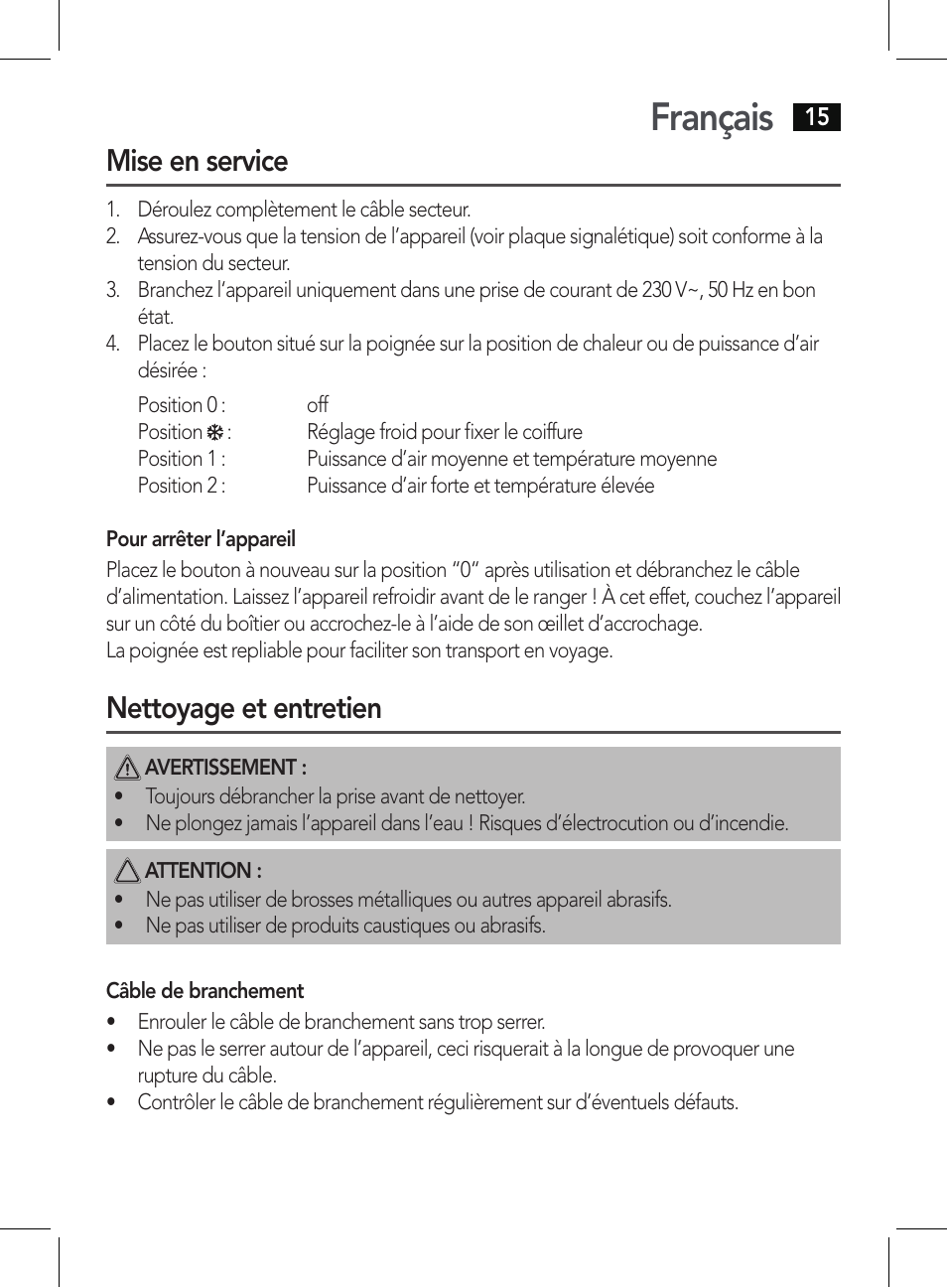 Français, Mise en service, Nettoyage et entretien | AEG HT 5578 User Manual | Page 15 / 52