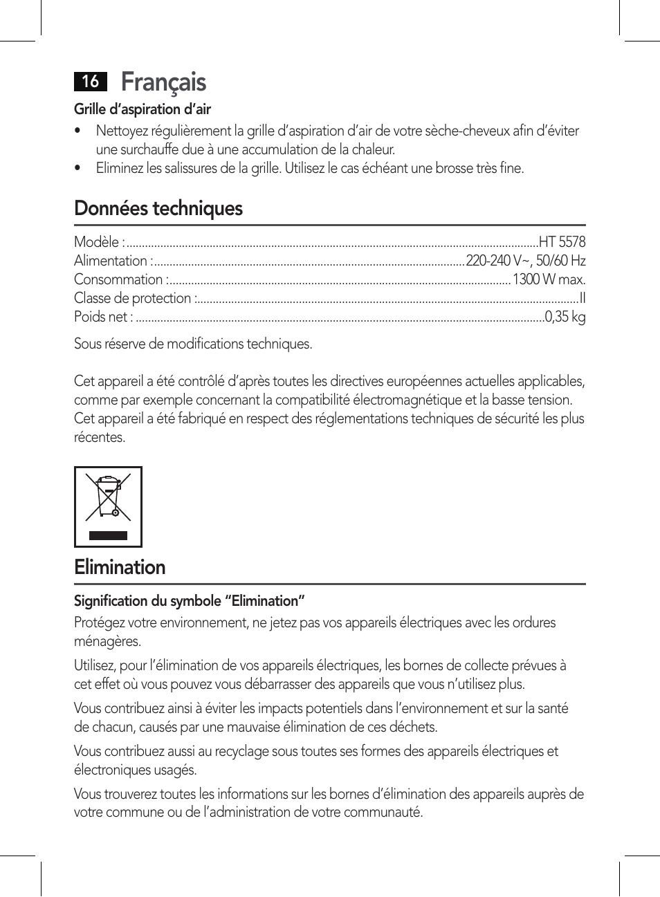 Français, Données techniques, Elimination | AEG HT 5578 User Manual | Page 16 / 52