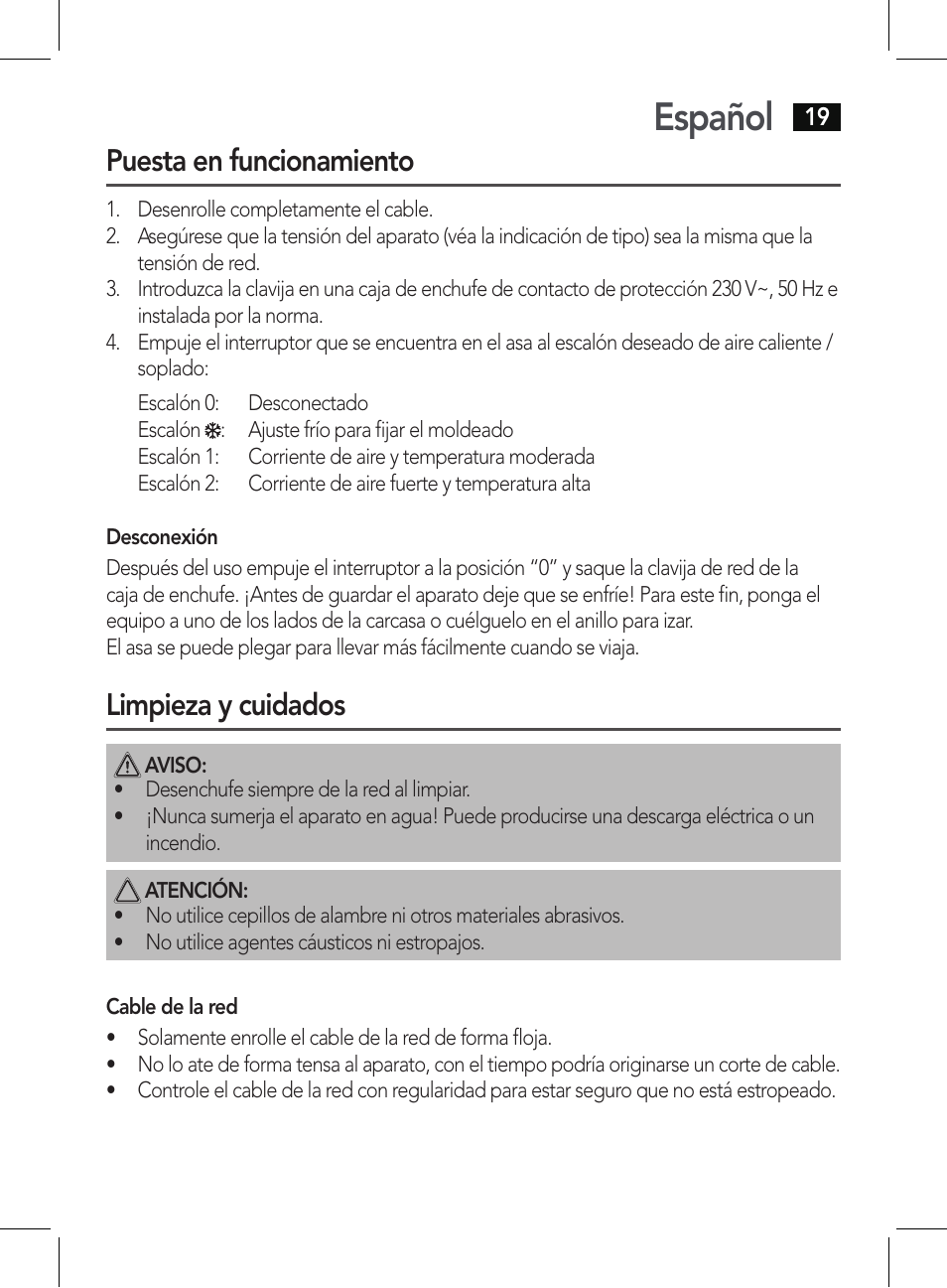 Español, Puesta en funcionamiento, Limpieza y cuidados | AEG HT 5578 User Manual | Page 19 / 52