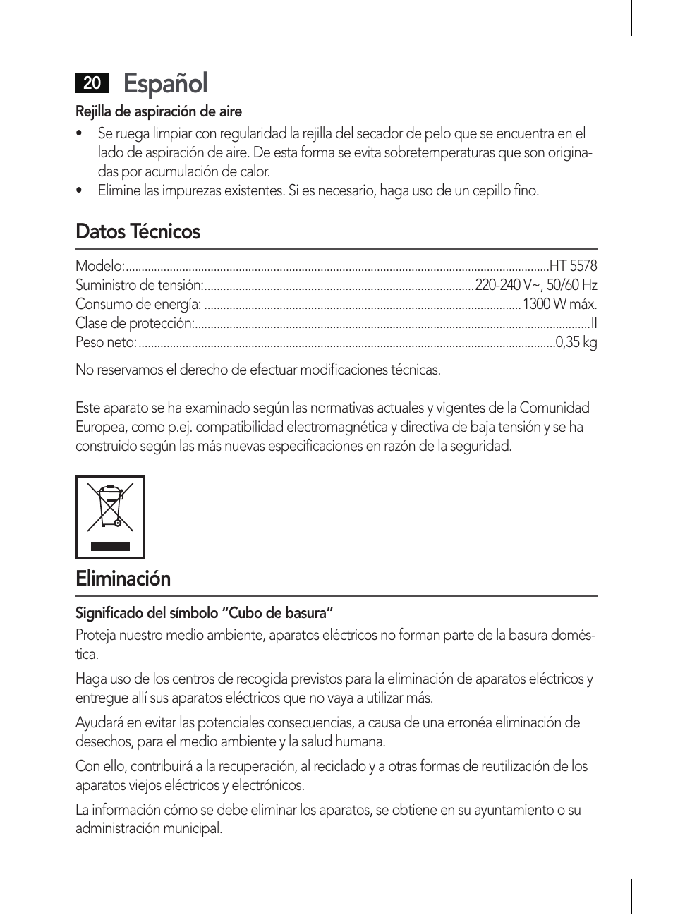 Español, Datos técnicos, Eliminación | AEG HT 5578 User Manual | Page 20 / 52