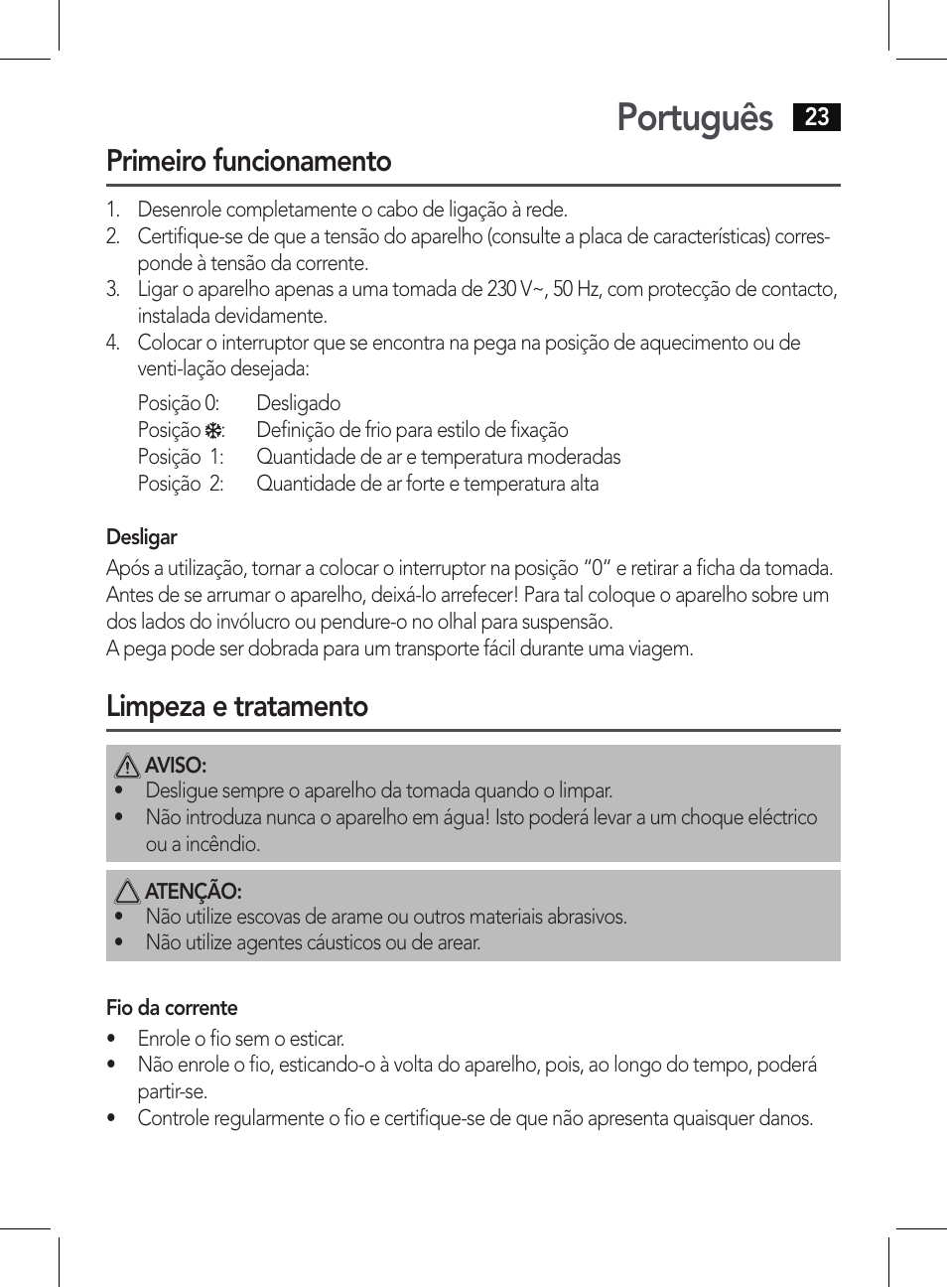 Português, Primeiro funcionamento, Limpeza e tratamento | AEG HT 5578 User Manual | Page 23 / 52