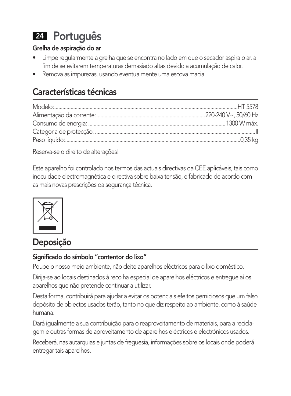 Português, Características técnicas, Deposição | AEG HT 5578 User Manual | Page 24 / 52