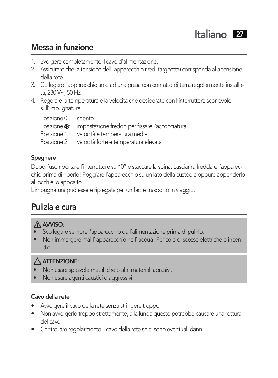 Italiano, Messa in funzione, Pulizia e cura | AEG HT 5578 User Manual | Page 27 / 52