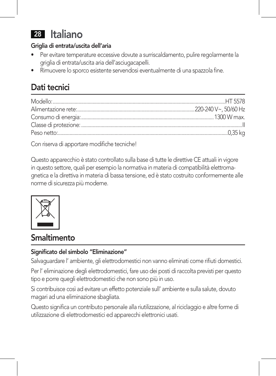 Italiano, Dati tecnici, Smaltimento | AEG HT 5578 User Manual | Page 28 / 52