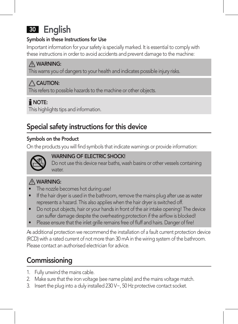 English, Special safety instructions for this device, Commissioning | AEG HT 5578 User Manual | Page 30 / 52