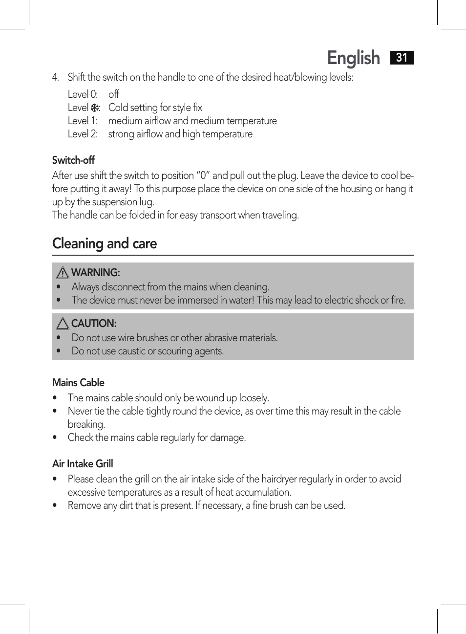 English, Cleaning and care | AEG HT 5578 User Manual | Page 31 / 52