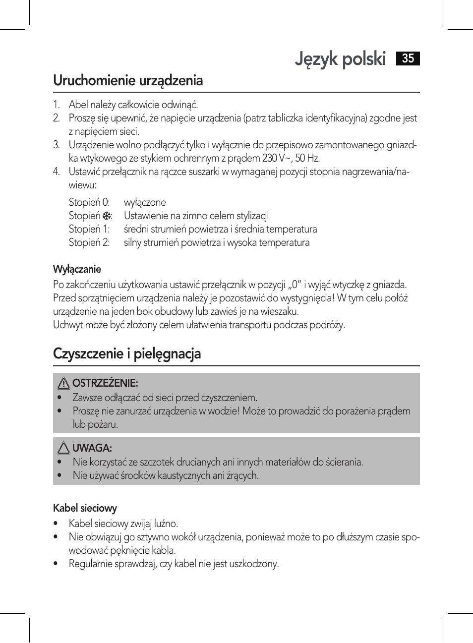 Język polski, Uruchomienie urządzenia, Czyszczenie i pielęgnacja | AEG HT 5578 User Manual | Page 35 / 52