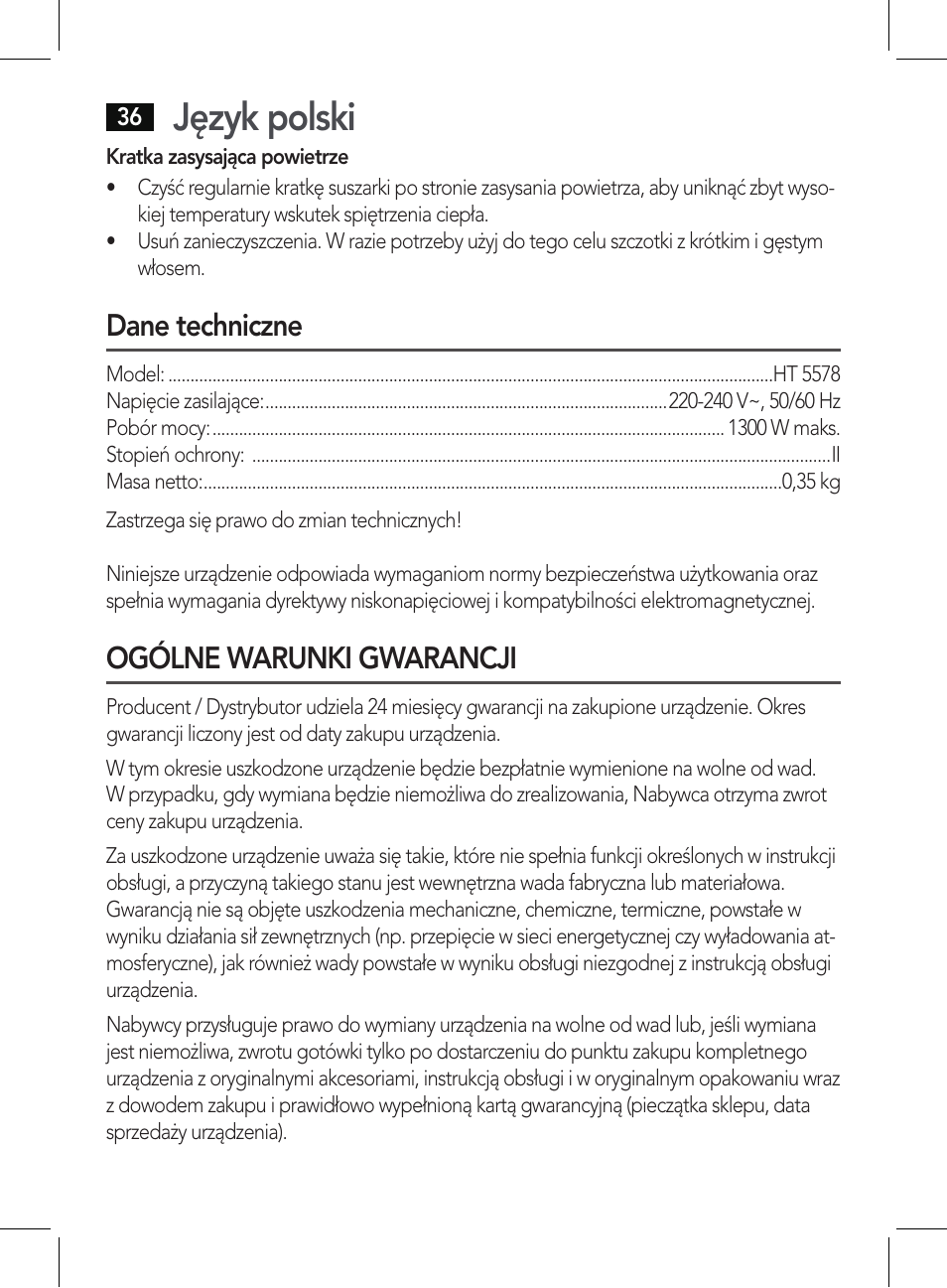 Język polski, Dane techniczne, Ogólne warunki gwarancji | AEG HT 5578 User Manual | Page 36 / 52