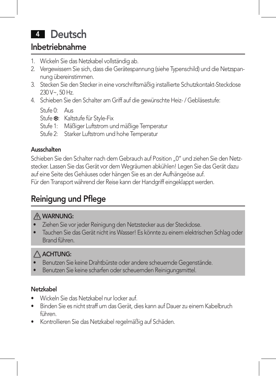 Deutsch, Inbetriebnahme, Reinigung und pflege | AEG HT 5578 User Manual | Page 4 / 52