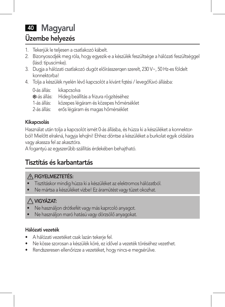 Magyarul, Üzembe helyezés, Tisztítás és karbantartás | AEG HT 5578 User Manual | Page 40 / 52
