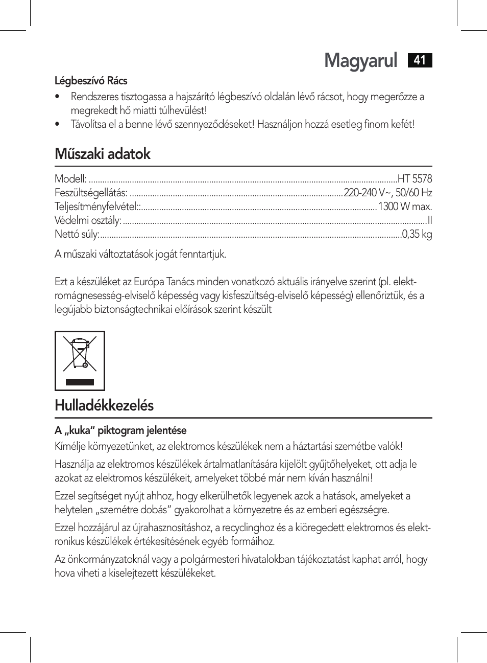 Magyarul, Műszaki adatok, Hulladékkezelés | AEG HT 5578 User Manual | Page 41 / 52