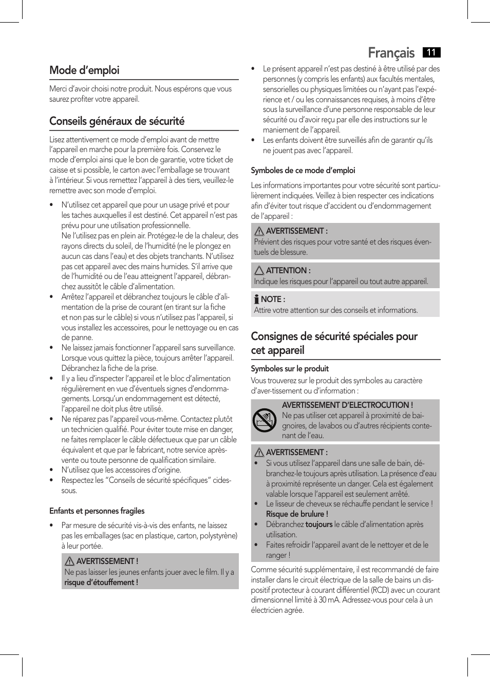 Français, Mode d’emploi, Conseils généraux de sécurité | Consignes de sécurité spéciales pour cet appareil | AEG HC 5593 User Manual | Page 11 / 38