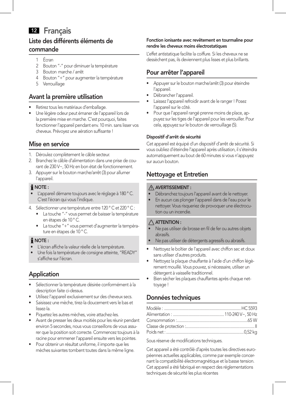 Français, Liste des différents éléments de commande, Avant la première utilisation | Mise en service, Application, Pour arrêter l’appareil, Nettoyage et entretien, Données techniques | AEG HC 5593 User Manual | Page 12 / 38