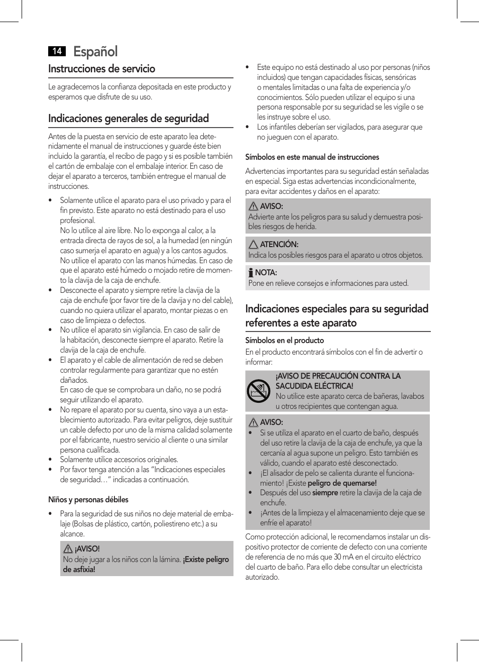 Español, Instrucciones de servicio, Indicaciones generales de seguridad | AEG HC 5593 User Manual | Page 14 / 38